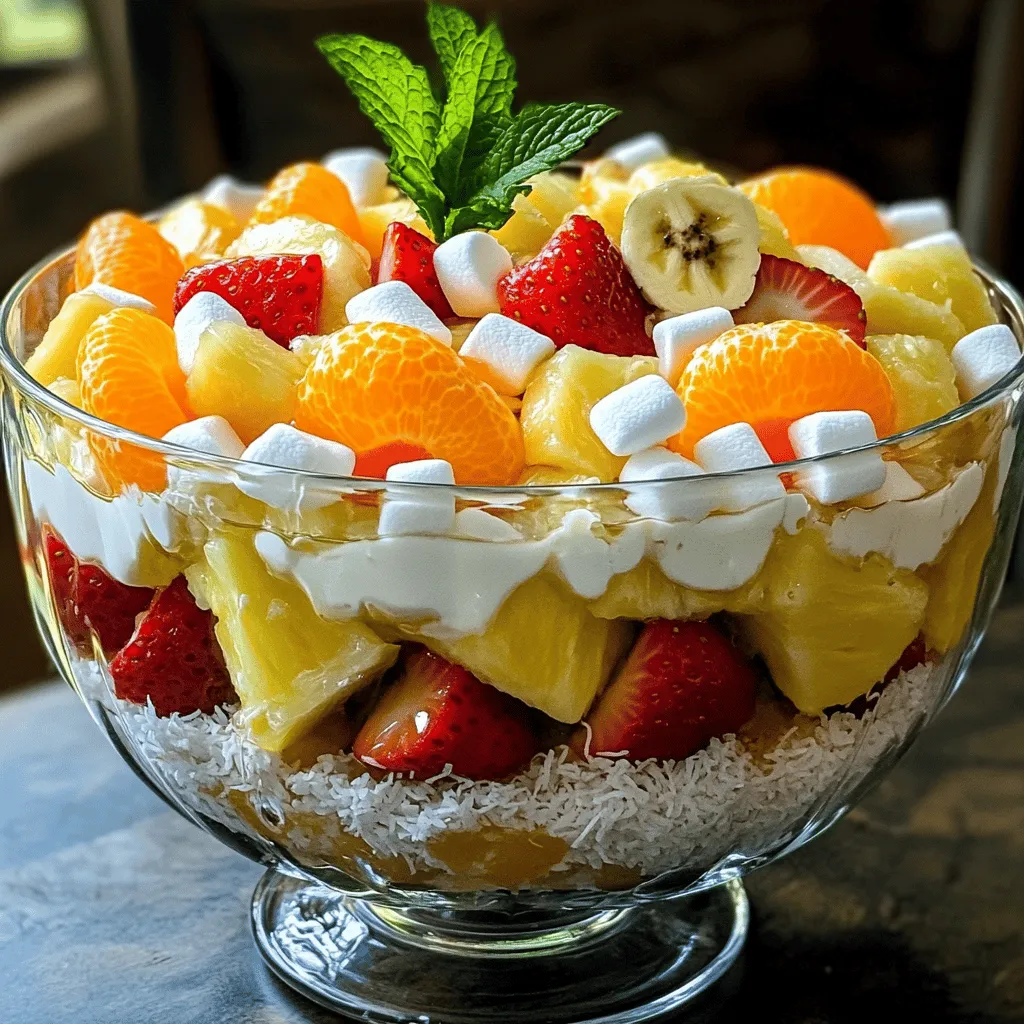 - 1 cup miniature marshmallows - 1 cup shredded coconut - 1 cup mandarin oranges, drained - 1 cup fresh pineapple chunks - 1 cup halved strawberries - 1 banana, sliced - 1 cup sour cream - 1 tablespoon honey - ½ teaspoon vanilla extract - Fresh mint leaves for garnish