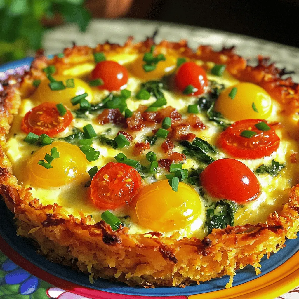 - 3 cups frozen hash browns, thawed - 6 large eggs - 1 cup whole milk - 1 cup fresh spinach, chopped - 1 cup cherry tomatoes, halved