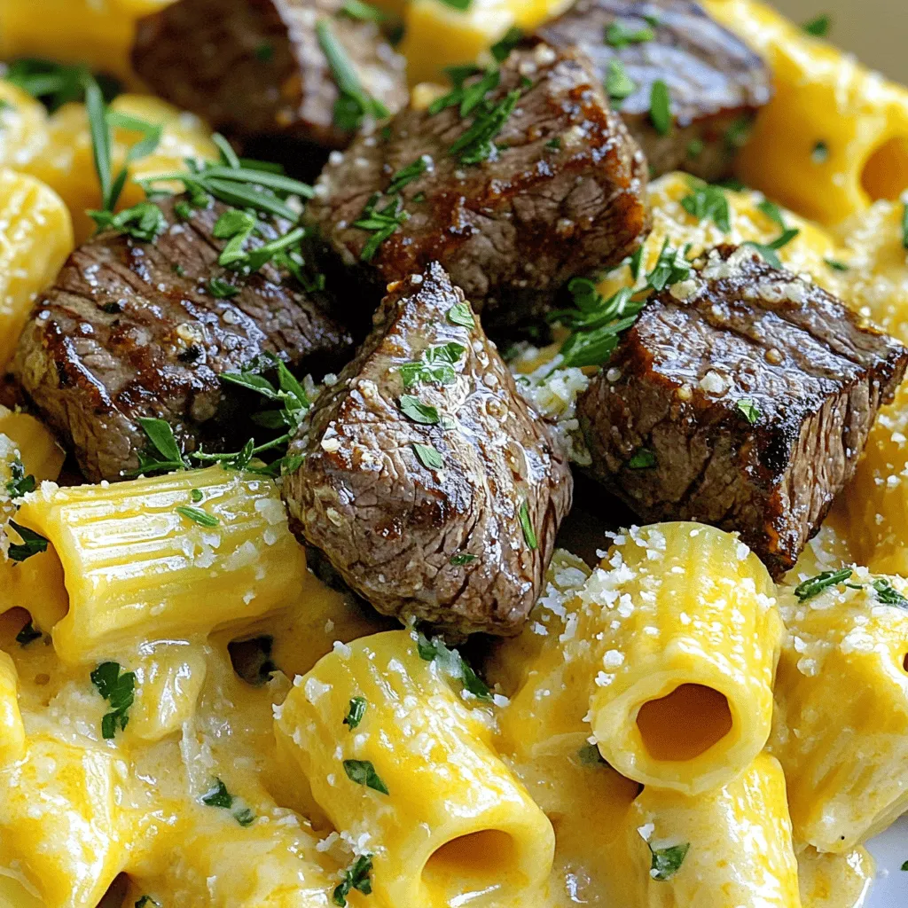 Garlic Butter Steak Tips with Cheesy Rigatoni Dish