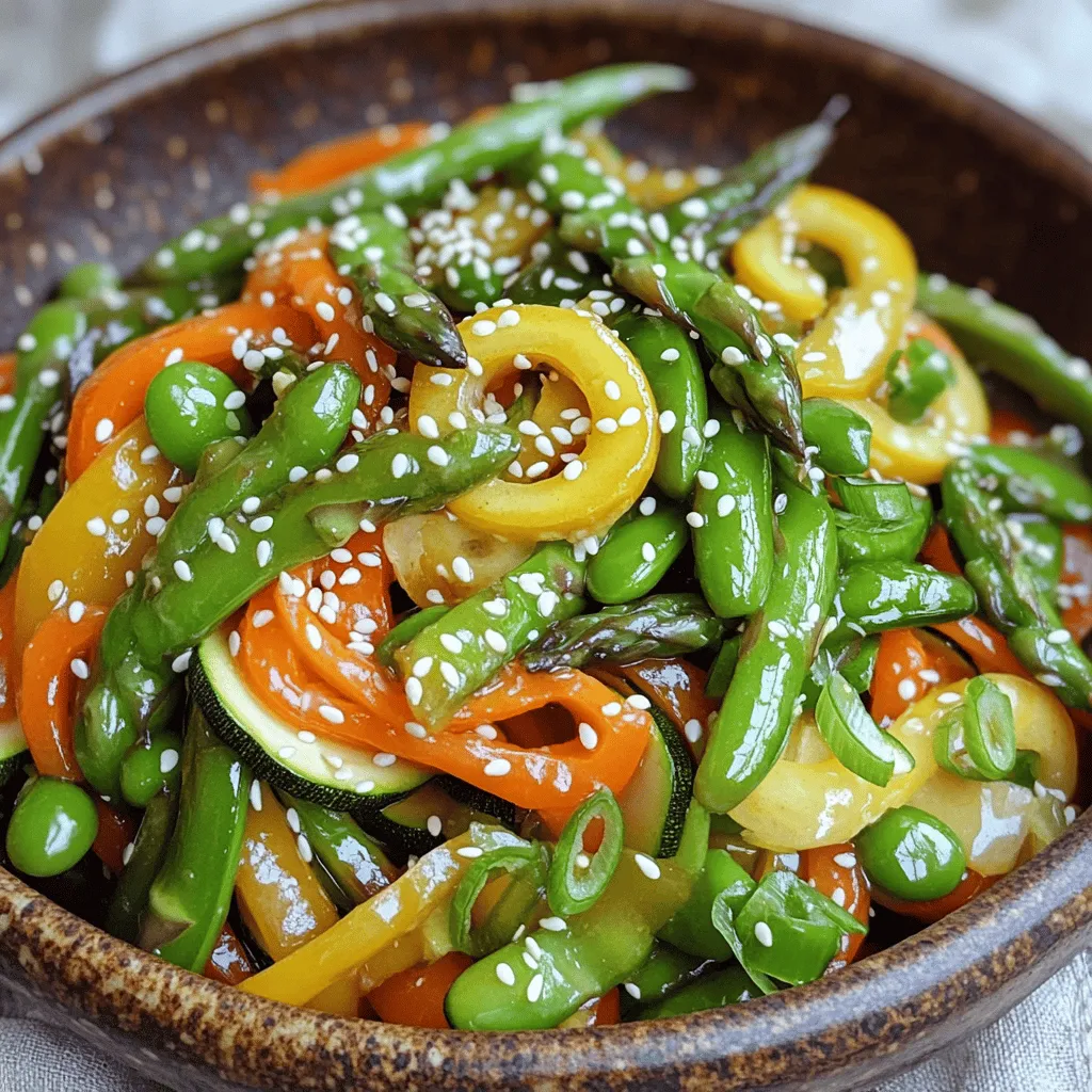 - 1 cup snap peas, trimmed - 1 cup asparagus, cut into 2-inch pieces - 1 bell pepper (red or yellow), sliced - 1 cup carrots, julienned - 1 zucchini, sliced into half-moons