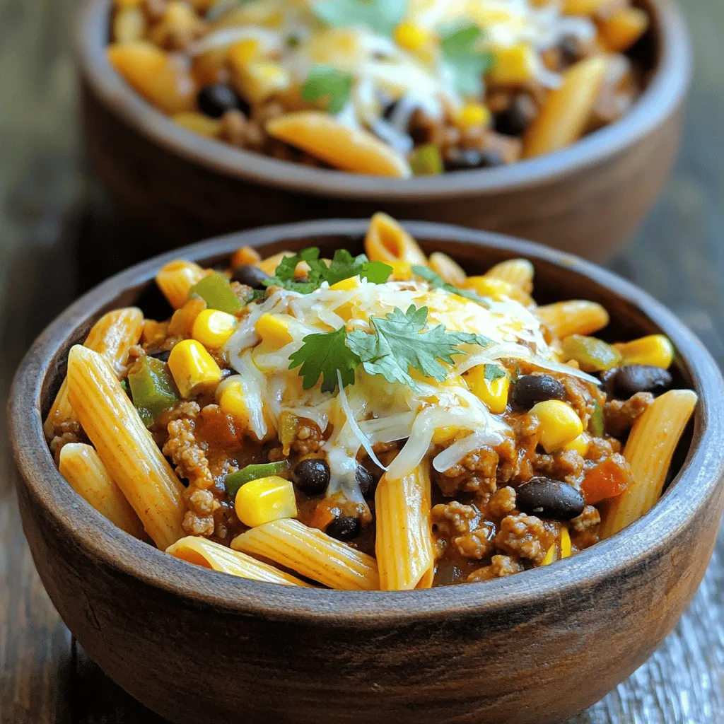 - 12 oz pasta (penne or rotini works great) - 1 lb ground beef or turkey - 1 medium onion, diced - 2 cloves garlic, minced - 1 can (15 oz) black beans, rinsed and drained - 1 can (15 oz) diced tomatoes with green chilies - 1 cup corn kernels (frozen or fresh) - 1 tablespoon chili powder - 1 teaspoon cumin - 1 teaspoon smoked paprika - Salt and pepper to taste - 1 cup shredded cheese (cheddar or a Mexican blend) - 2 tablespoons olive oil - Fresh cilantro or parsley for garnish (optional)