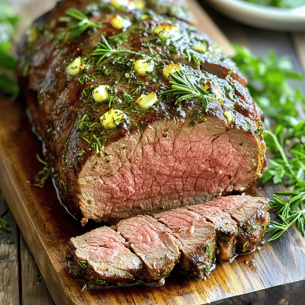 - 2 to 2.5 lbs beef tenderloin roast - 4 tablespoons unsalted butter, softened - 3 cloves garlic, minced - 2 tablespoons fresh rosemary, finely chopped - 2 tablespoons fresh thyme, finely chopped - 1 tablespoon fresh parsley, finely chopped - 1 teaspoon salt - 1 teaspoon black pepper - 1 tablespoon Dijon mustard - 2 tablespoons olive oil